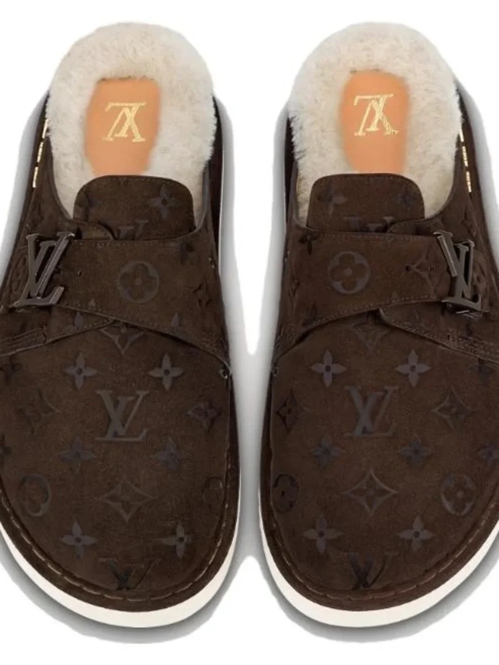 Louis Vuitton Brown Monogram Shearling-Lined Slip-On Clogs